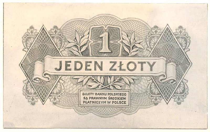Rewers banknotu 1 złoty 1939 w wersji z drobnymi różnicami względem wersji zatwierdzonej