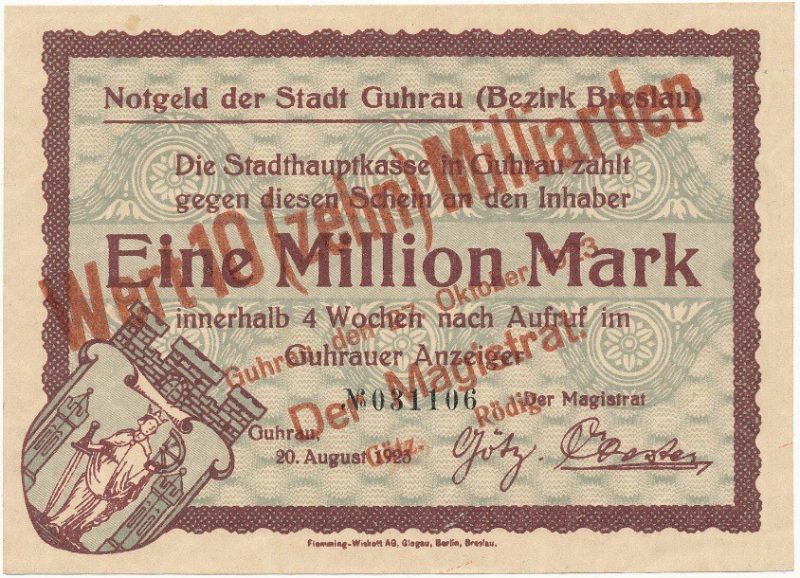 Notgeld 10 miliardów marek 1923 magistratu w Górze z przedrukiem