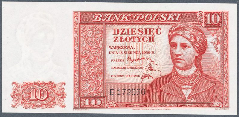 Awers zatwierdzonej wersji banknotu 10 złotych 1939