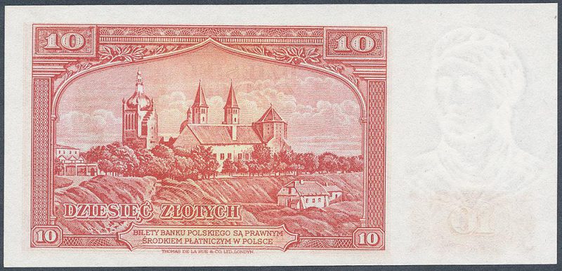Rewers zatwierdzonej wersji banknotu 10 złotych 1939