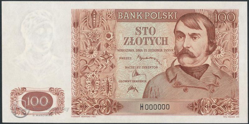 Wydruk awersu banknotu 100 złotych 1939 z numeracją zerową na papierze ze znakiem wodnym jak na 10 złotych