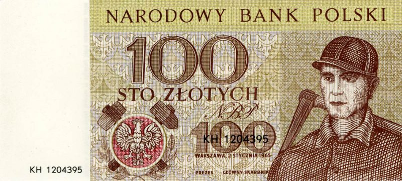 Awers banknotu 100 złotych 1965 z serii Miasta Polskie wersja 1