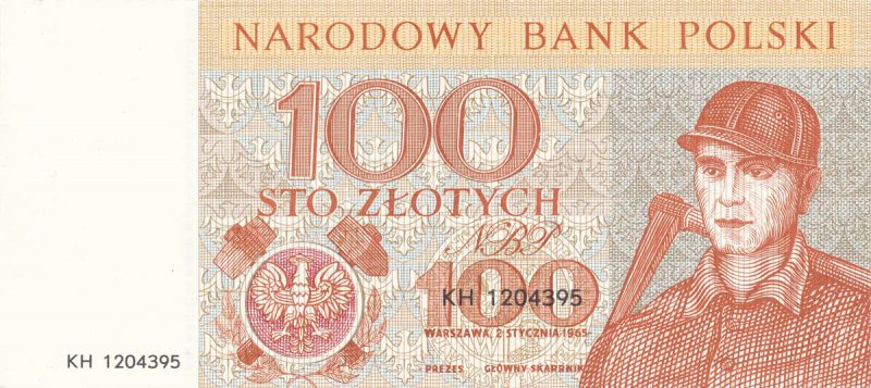 Awers banknotu 100 złotych 1965 z serii Miasta Polskie wersja 2