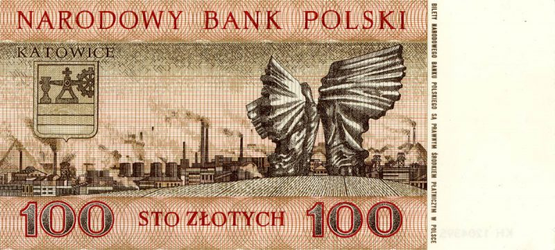 Rewers banknotu 100 złotych 1965 z serii Miasta Polskie wersja 1