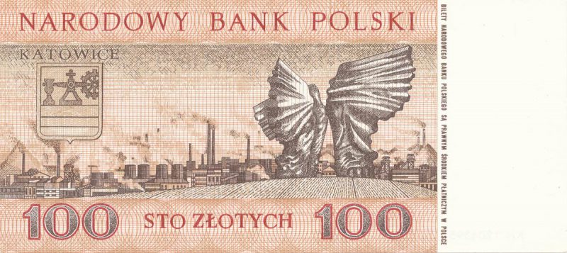 Rewers banknotu 100 złotych 1965 z serii Miasta Polskie wersja 2