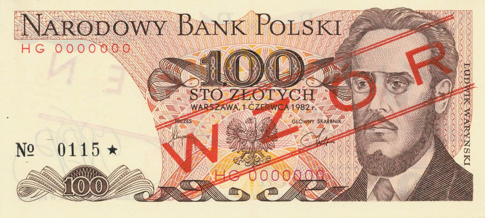 Awers wzoru 100 złotych 1982