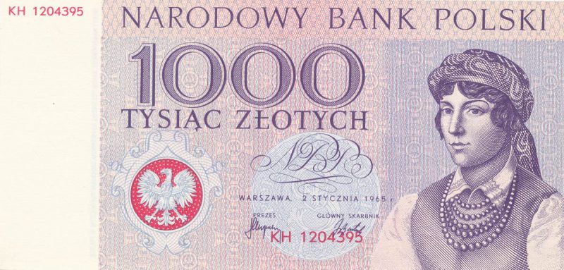 Awers banknotu 1000 złotych 1965 z serii Miasta Polskie wersja 2