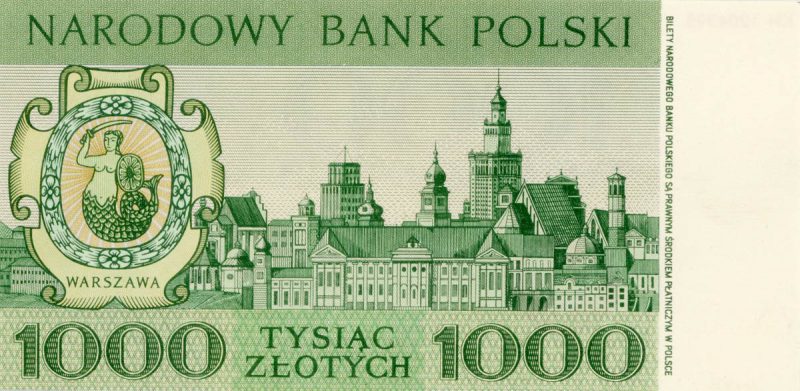 Rewers banknotu 1000 złotych 1965 z serii Miasta Polskie wersja 1