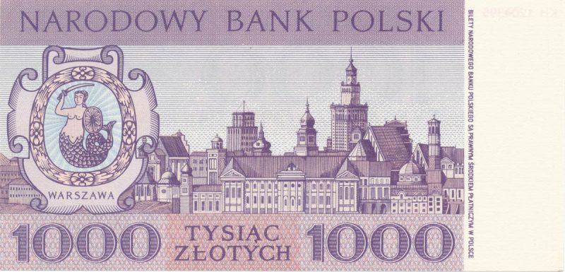 Rewers banknotu 1000 złotych 1965 z serii Miasta Polskie wersja 2