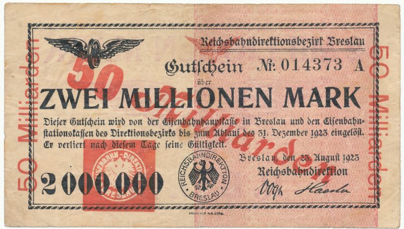 Przedruk na 50 miliardów nadrukowany na notgeld 2 milionów marek 1923 Wrocław