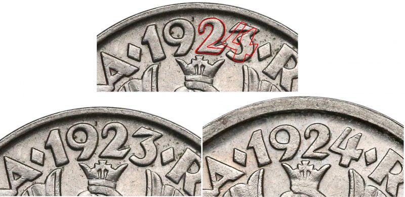 Krój cyfr w dacie 20 groszy 1924