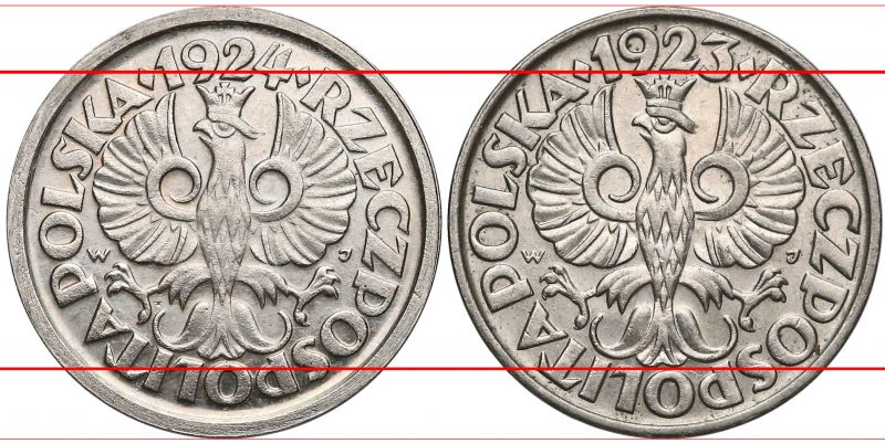 Porównanie awersów próbnej 20 groszy 1924 i obiegowej 20 groszy 1923
