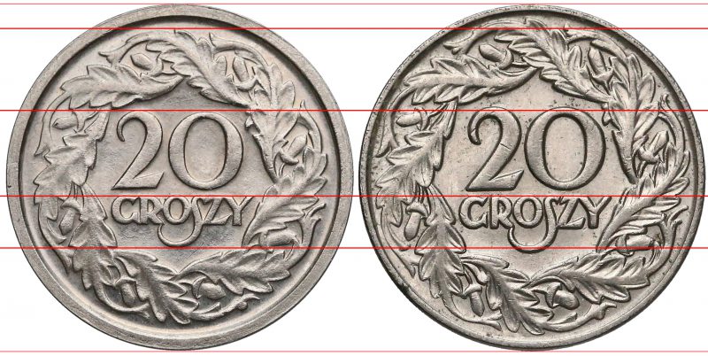 Porównanie rewersów próbnej 20 groszy 1924 i obiegowej 20 groszy 1923