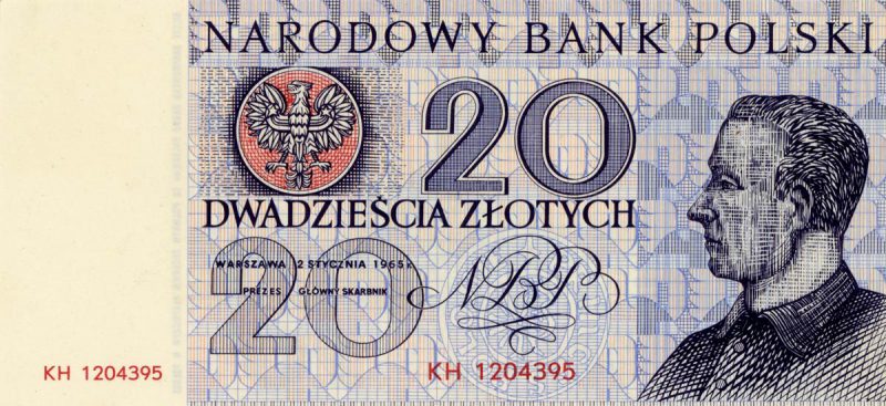 Awers banknotu 20 złotych 1965 z serii Miasta Polskie wersja 1