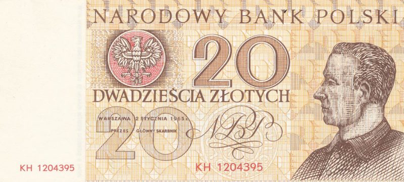 Awers banknotu 20 złotych 1965 z serii Miasta Polskie wersja 2