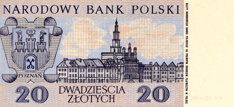 Rewers banknotu 20 złotych 1965 z serii Miasta Polskie wersja 1