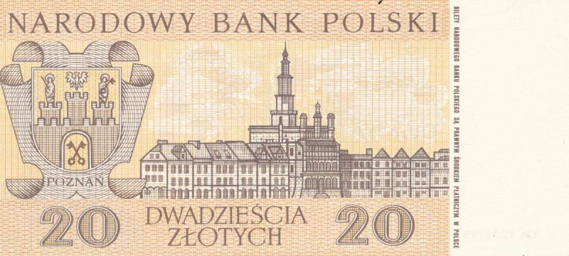 Rewers banknotu 20 złotych 1965 z serii Miasta Polskie wersja 2