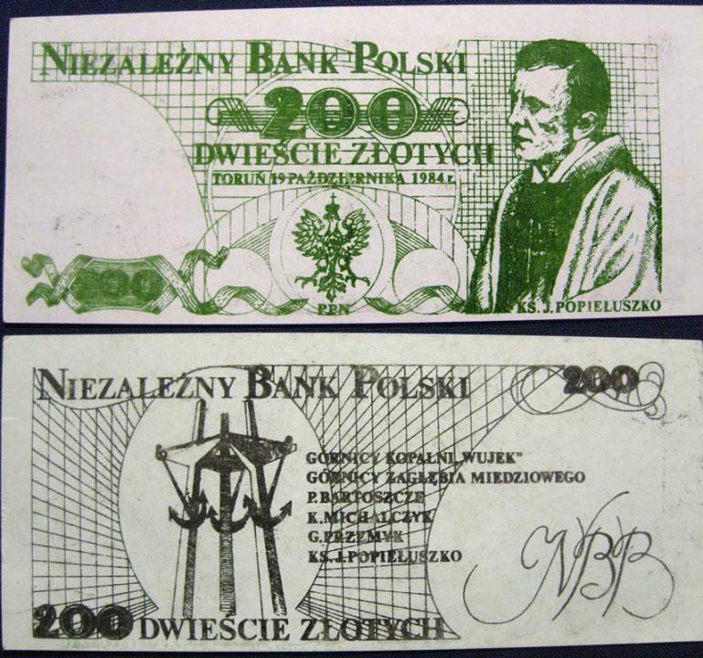 200 złotych Niezależny Bank Polski Jerzy Popiełuszko czarny rewers