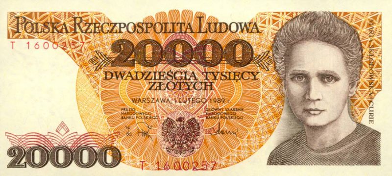 Awers banknotu 20000 złotych 1989 z Marią Skłodowską-Curie
