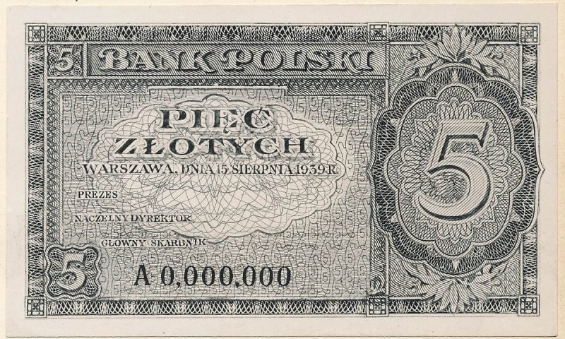 Awers banknotu 5 złotych 1939 w wersji zupełnie odmiennej od zatwierdzonej