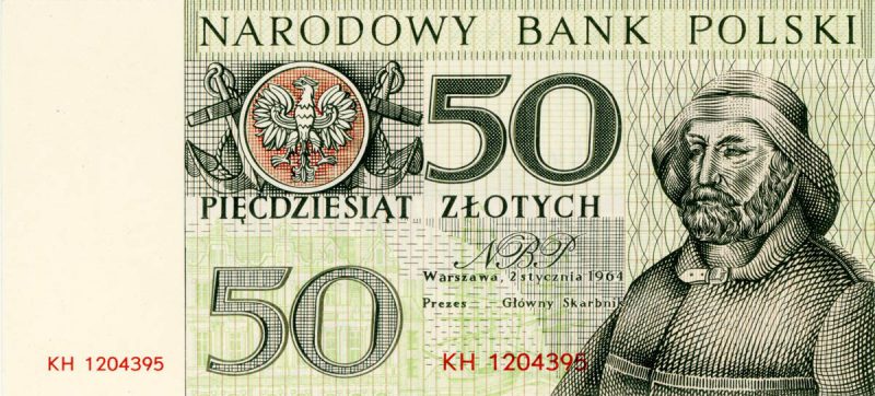 Awers banknotu 50 złotych 1964 z serii Miasta Polskie wersja 1