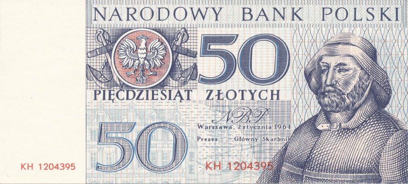 Awers banknotu 50 złotych 1964 z serii Miasta Polskie wersja 2