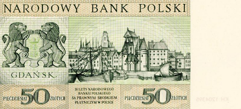 Rewers banknotu 50 złotych 1964 z serii Miasta Polskie wersja 1