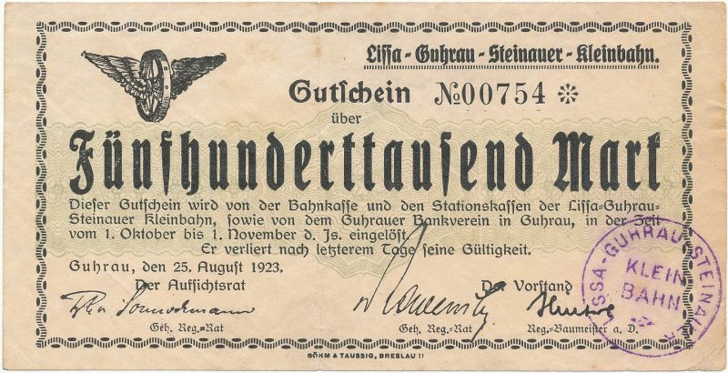 Notgeld 500 tysięcy marek 1923 kasy stacji kolei wąskotorowej w Górze
