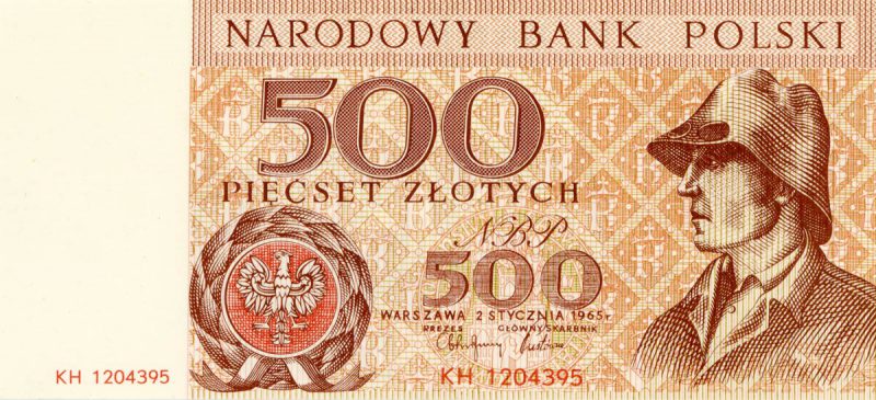Awers banknotu 500 złotych 1965 z serii Miasta Polskie wersja 1
