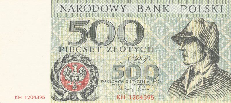 Awers banknotu 500 złotych 1965 z serii Miasta Polskie wersja 2