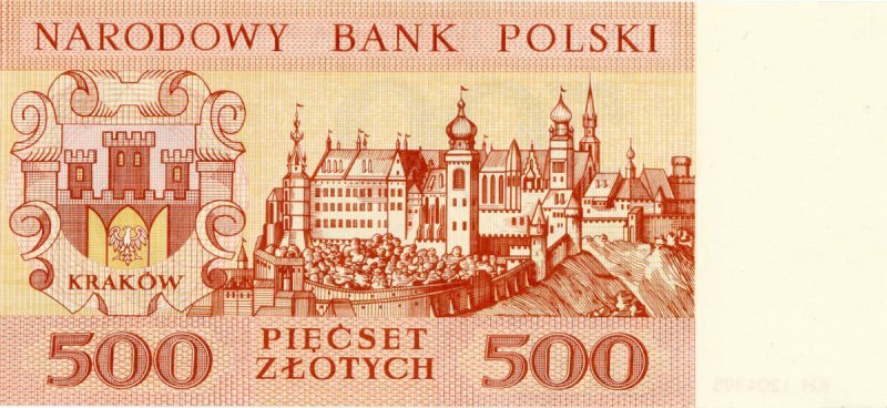 Rewers banknotu 500 złotych 1965 z serii Miasta Polskie wersja 1