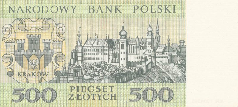 Rewers banknotu 500 złotych 1965 z serii Miasta Polskie wersja 2