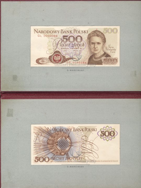 Zdjęcie folderu prezentacyjnego banknotu 500 złotych 1971 z Marią Skłodowską-Curie