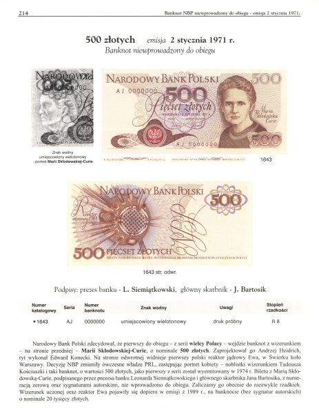 Banknot 500 złotych 1971 z Marią Skłodowską-Curie opisany w katalogu Lucow Tom VI