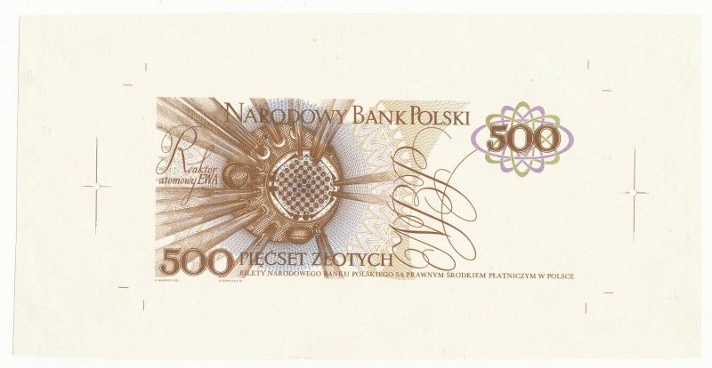 Wydruk jednostronny rewersu banknotu 500 złotych 1971 z Marią Skłodowską-Curie z zachowanymi marginesami