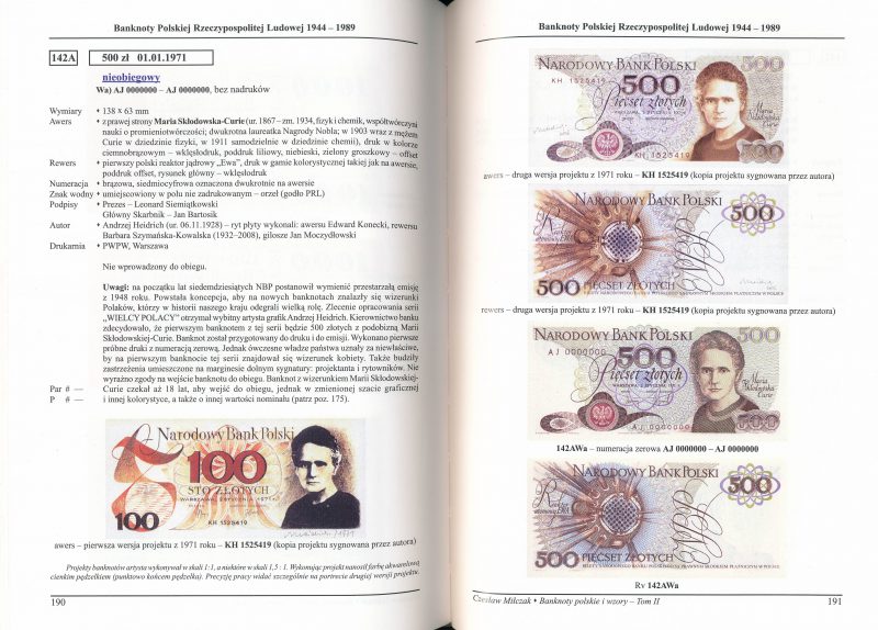 Strona o banknocie 500 złotych 1971 z Marią Skłodowską-Curie z katalogu Czesława Miłczaka
