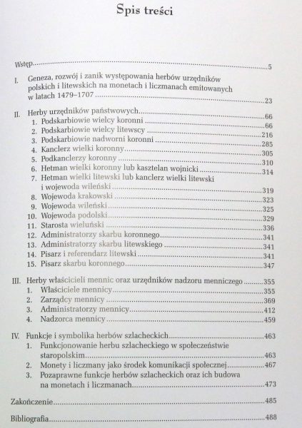 Spis treści z książki Herby urzędników polskich i litewskich Zbigniew Kiełb